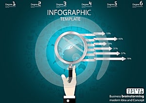 Business searching success for modern Idea and Concept Vector illustration Infographic template with hand, magnifier,Pencil,World