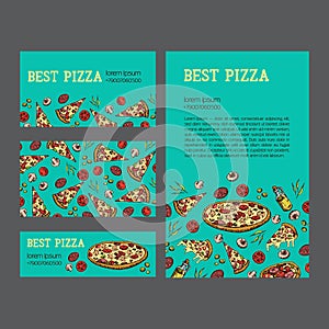 Vector business set template with cartoon pizza. Restaurant or cafe branding elements.