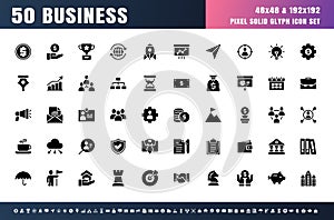 Vector of 50 Business Solid Glyph Icon Set. 48x48 Pixel
