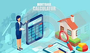 Vector of a business woman banker with calculator on a background of a buyer home