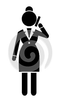 Vector business woman black silhouette. Lady dressed formally talking on phone over white background