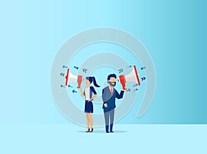 Vector of a business woman and a businessman making an announcement in megaphone