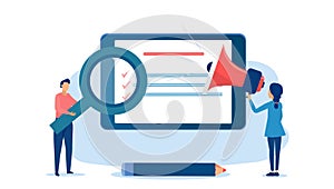 Vector of a business woman with megaphone and a man with magnifying glass conducting an online research