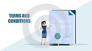 Vector of a business woman reviewing terms and conditions of a business contract