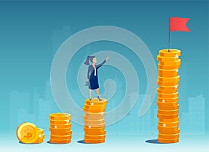 Vector of a business woman standing on a growing up stack of coins thinking how to  achieve top financial goals
