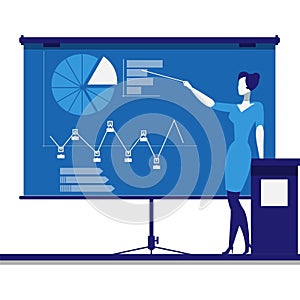 Vector business woman at training board icon