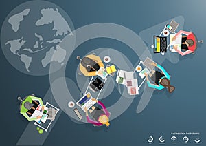 Vector business work places , teamwork, brainstorming, business analysis, marketing plan, a map of the world, paper files, mobile