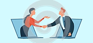 Vector of a businessman and business woman communicating online having agreement and shaking hands