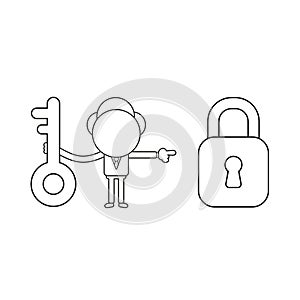 Vector businessman character holding key and pointing padlock to unlock. Black outline