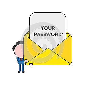 Vector businessman character holding open mail envelope with your password written on paper. Color and black outlines