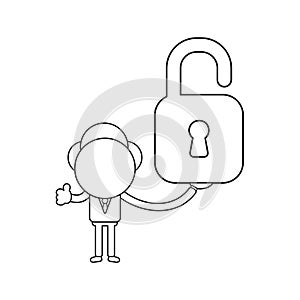 Vector businessman character holding open padlock and gesturing thumbs up. Black outline