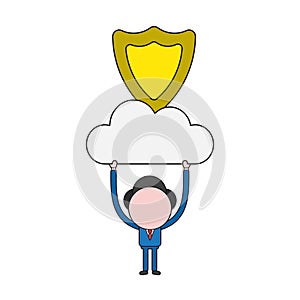 Vector businessman character holding up cloud with guard shield. Color and black outlines