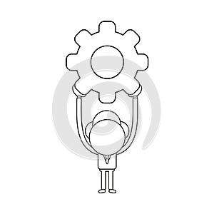 Vector businessman character holding up gear. Black outline