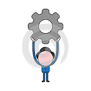 Vector businessman character holding up gear. Color and black outlines