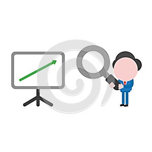 Vector businessman character looking magnifying glass to sales c