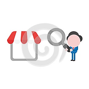 Vector businessman character looking magnifying glass to shop st