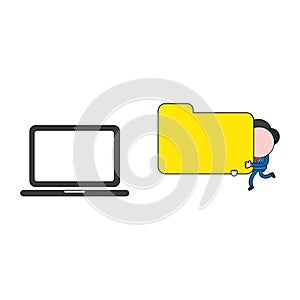 Vector businessman character running and carrying file folder to laptop computer. Color and black outlines