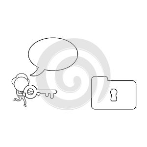 Vector businessman character running and carrying key to unlock file folder keyhole with blank speech bubble. Black outline