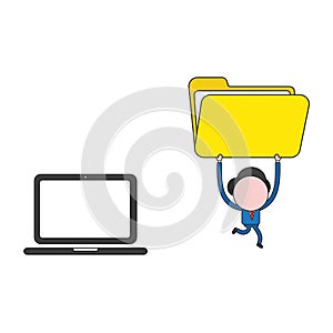 Vector businessman character running from laptop computer and carrying open file folder. Color and black outlines