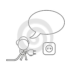 Vector businessman character with speech bubble, walking and holding plug to plugged into outlet. Black outline