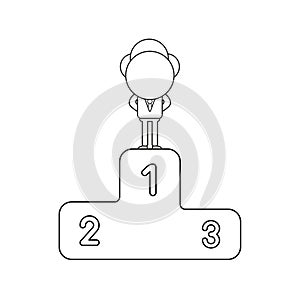 Vector businessman character standing on first place of winners podium. Black outline