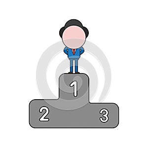 Vector businessman character standing on first place of winners podium. Color and black outlines