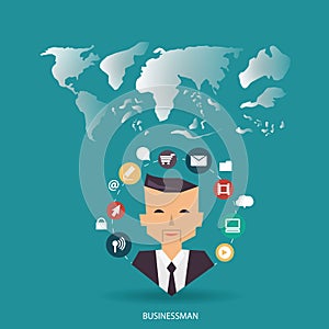 Vector businessman communications and brainstorming with communications icons and world map. flat design.