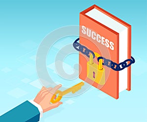 Vector of a businessman hand holding a key to unlock a success book with lock