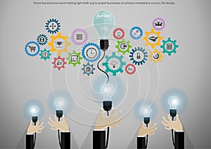 Vector businessman hand holding light bulb cog to propel businesses to achieve marketplace success, flat design. photo