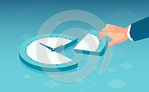 Vector of a businessman hand stealing a slice of a clock. Time management concept