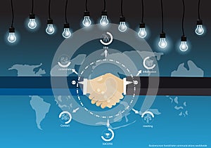 Vector businessman handshake agreed to do business with the world map lamp and icons. flat design.