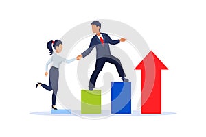 Vector of a businessman helping a businesswoman climb up a growing financial chart stairs of financial success