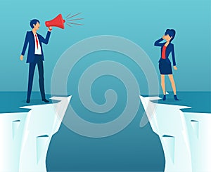 Vector of a businessman screaming in megaphone and a businesswoman standing across gap