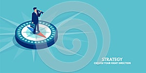 Vector of a businessman standing on compass showing direction. Symbol of strategy, future vision