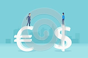 Vector of businessman standing on euro symbol and businesswoman on dollar sign