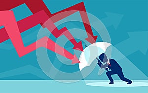 Vector of a businessman with umbrella resisting falling red arrows