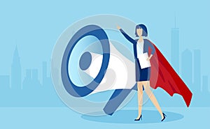 Vector of a businesswoman in red cape making an announcement standing near a big megaphone