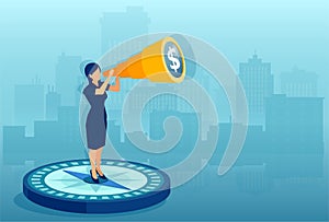 Vector of a businesswoman standing on a compass looking into a financial future
