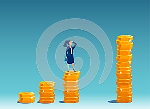 Vector of a businesswoman standing on a growing up stack of coins thinking how to  achieve financial goals