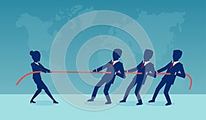 Vector of a businesswoman in a tug war with a group of male coworkers