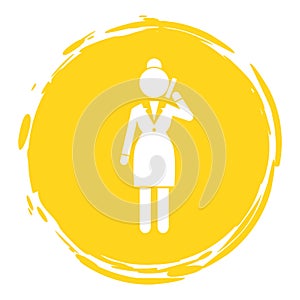 Vector businesswoman white silhouette in yellow circle frame. Lady dressed formally talking on phone