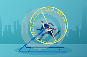 Vector of a busy business man running in a hamster wheel