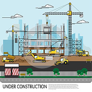 Vector of busy construction site with workers , truck , crane and heavy equipment working on building structure with city view at