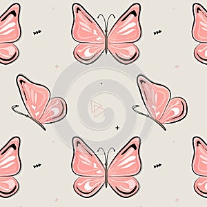 Vector butterfly pattern. Nature insect background. Kids summer illustration. Natural spring pink print