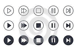 Vector button icons play stop pause. Editable stroke. Set of line silhouette icons video audio. Isolated elements on white