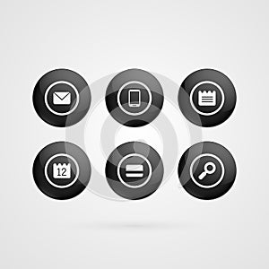 Vector buttons symbols. Black and white glossy envelope, sms, smart phone, note, calendar, credit card, lens circle icons isolated