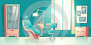 Vector cabinet of dentist, orthodontist. Cartoon interior