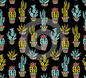 Vector Cactus hand-drawn seamless pattern. Grunge silhouette print linocuts.