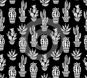 Vector Cactus hand-drawn seamless pattern. Grunge silhouette print linocuts.