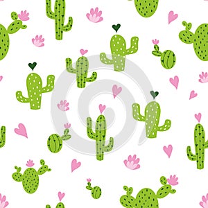 Vector cactus seamless pattern with hearts in green, pink and white colors. Natural houseplant background